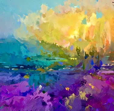 Vibrant abstract painting of a field of purple flowers under a glowing yellow sky with thick brushstrokes.