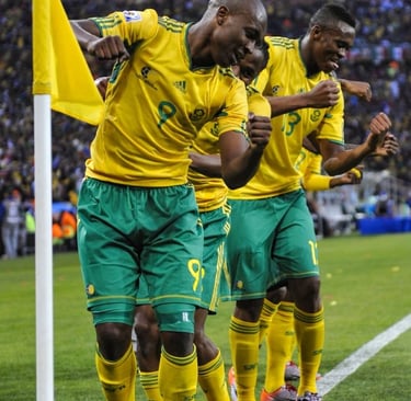 South African players celebrate a World Cup goal in 2010 by doing the Diski Dance