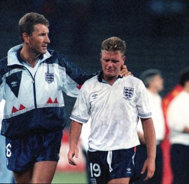 English midfielder Paul Gascoigne in tears after receiving a yellow card in the 1990 World Cup 