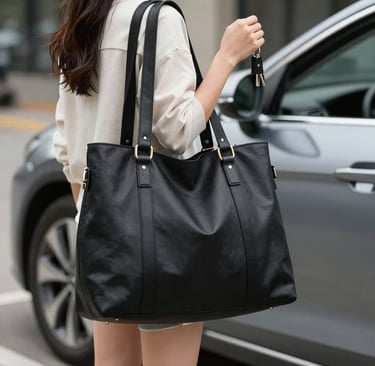 A sleek black gym bag with multiple compartments, placed on a wooden bench in a bright fitness studio.