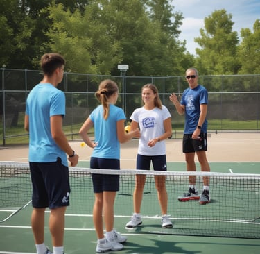 a group of people playing tennis on a tennis court