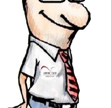 a cartoonish man with glasses and a tie