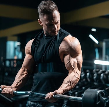 a man in a black tank top and a barbell