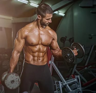 a man in a gym suit is holding a dumbble