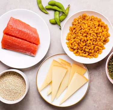 a variety of food items including pasta, pasta, and cheese