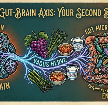 "A horizontal scientific illustration of the Gut-Brain Axis. On the left, a detailed diagram of the 