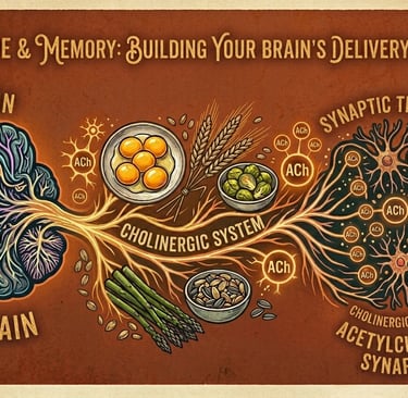 "A warm, earthy-toned scientific illustration titled 'Choline & Memory.' The diagram features a text