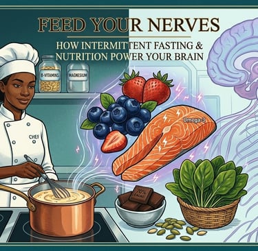 An illustration of a modern Black woman chef cooking healthy foods for the nervous system, including