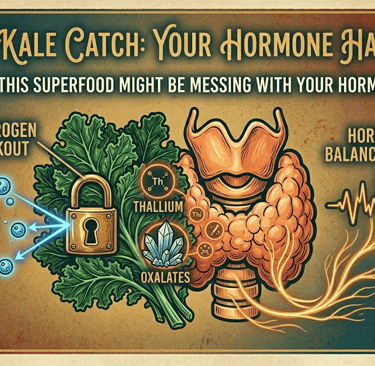"A stylized 3:2 illustrative diagram titled 'The Kale Catch: Your Hormone Hazard.' A detailed visual