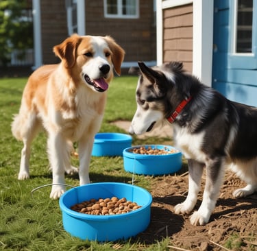 two dogs are standing in the grass near a house