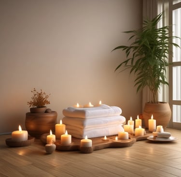 a couple of people laying in bed with candles