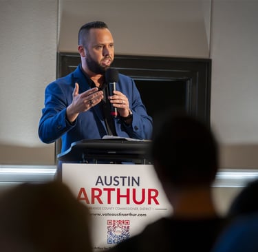 Austin Arthur at podium, Orange County Commissioner District 1 campaign, West Orange County