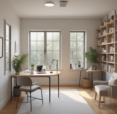 A serene workspace with soft natural light, a laptop, and a calming plant on the desk.