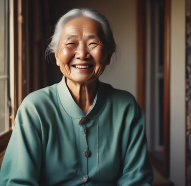 A caregiver smiling while engaging with an elderly person in a cozy setting.