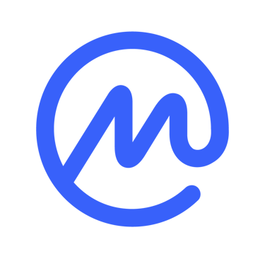 a blue and white logo with the letter m in the middle