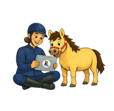 Cartoon Illustration - Ponytante schaut mit Pony Pancake ins Tablet