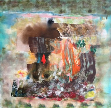 Fireside with Mo — abstract acrylic painting with warm tones, layered texture, and expressive marks