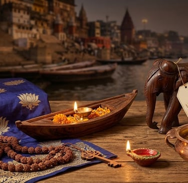 Traditional Indian Diwali decorations with brass diyas and a wooden elephant on a river bank.