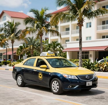 A driver greeting happy travelers next to a modern vehicle under a bright blue sky