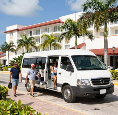 Tourists boarding a comfortable white minibus with ocean views in the background