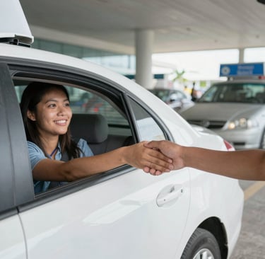 A sleek turquoise shuttle van parked by a palm-lined beach at sunset
