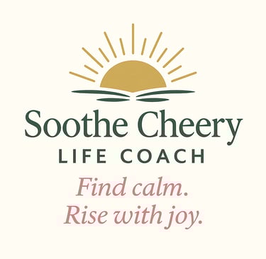 Soothe & Cheery Life Coaching logo with sunrise design and tagline Find calm. Rise with joy.