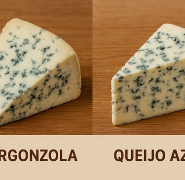 Gorgonzola e queijo azul lado a lado, mostrando mudança de nome exigida por acordo internacional