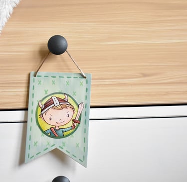 Viking themed illustrated wooden banner, green kids' room decoration painted banner