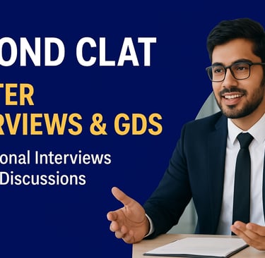Infographic banner on “Beyond CLAT: Personal Interviews & Group Discussions.” Highlights importance 