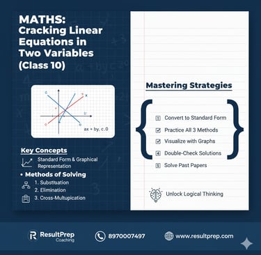 A two-panel math guide on "Cracking Linear Equations in Two Variables (Class 10)." The left panel fe