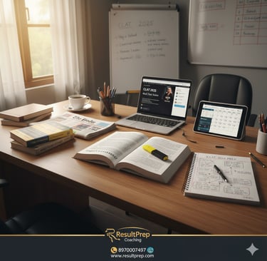 Study table with CLAT 2025 preparation materials: books, laptop, tablet, notebook, and "The Hindu" n