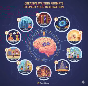 A colorful illustration showcasing 10 creative writing prompts centered around a brain with gears an