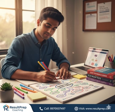 Desk set up for effective note-taking with an open textbook, highlighted notes, a spiral notebook wi