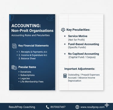 A two-part infographic about "ACCOUNTING: Non-Profit Organisations." The left side, on a dark blue b
