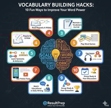 A vibrant conceptual illustration showing various vocabulary building hacks. It features a central l