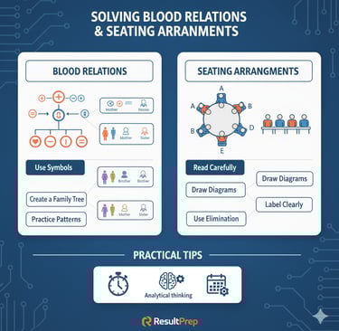 An illustration split into two main sections: one for Blood Relations showing a simplified family tr