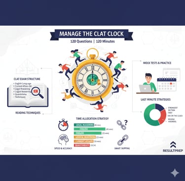 An infographic on "Manage the CLAT Clock" showing time allocation strategies, exam structure, and ti