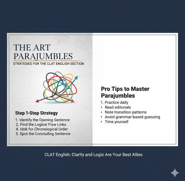 A strategy guide graphic for the CLAT English section titled "THE ART OF PARAJUMBLES." The image fea