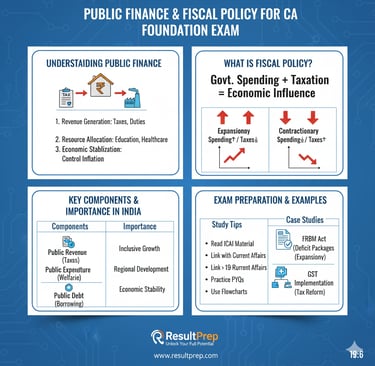 A conceptual illustration of Public Finance and Fiscal Policy. It shows a balanced scale with Public