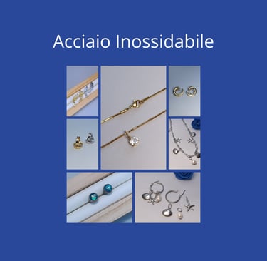 A collection of stainless steel jewelry including gold necklaces, silver earrings, and sea-themed charms.