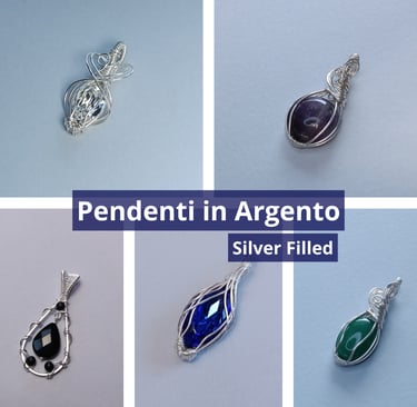 Pendenti Nìllia realizzati in argento Silver Filled, con la tecnica wire wrapping, con pietre naturali e cristalli