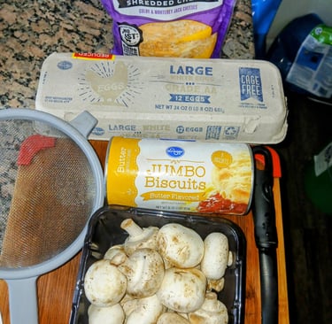ingredients for mushroom egg and cheese biscuit sandwiches
