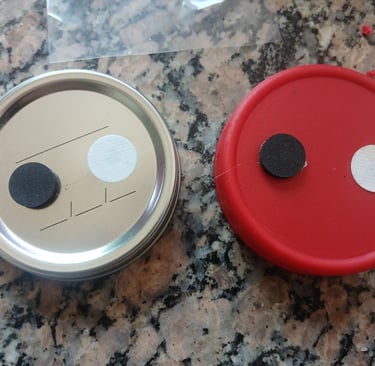 Completed DIY mycology lids with injection ports and filter patches attached.