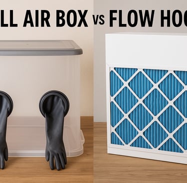 a still air box and a flow hood to explain the difference