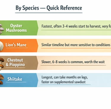 mushroom species grow time quick reference chart showing oyster chestnut lion's mane and shiitake ti