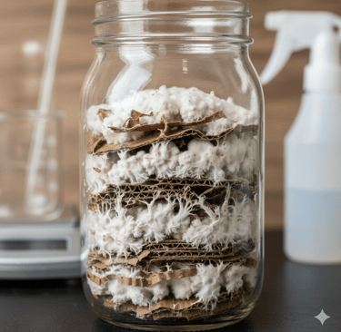 mycelium growing on cardboard in a jar