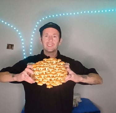 Mark from Inland Mushrooms holding a large homegrown chestnut mushroom cluster