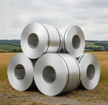 Aluminium coil front view showing smooth metallic surface for export listing.