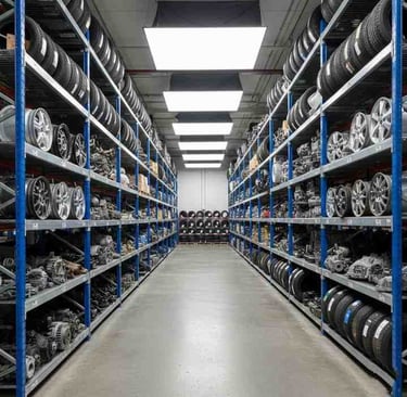 Automotive components displayed in bulk for global wholesale supply and export.
