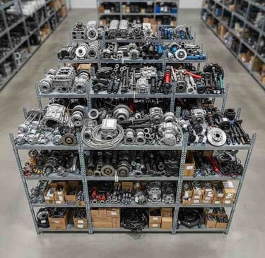 Bulk manufacturing stock of automotive metal parts for international distribution.